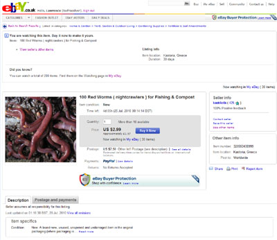 kastriotis eBay Revised Listing 320553438999 for 100 Red Worms ( nightcrawlers ) for Fishing & Compost